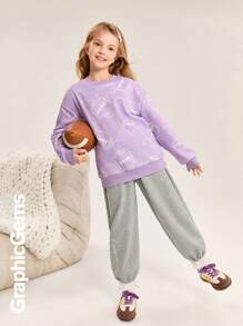 Tween Girls' Bow Print Round Neck Drop Shoulder Casual Hoodie, Autumn/Winter - Purple - View 6