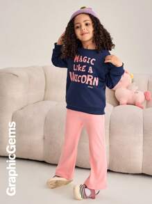 2pcs/Set Young Girl Round Neck Long Sleeve Letter Print Casual Top And Pants Set
