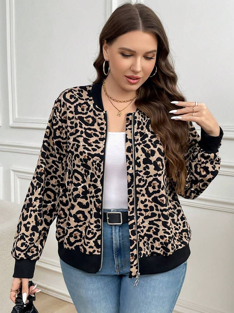 SHEIN LUNE 1 件大码女式纯色拼接前拉链长袖夹克，休闲日常穿着新年女式冬装冬装女式热卖感恩节女装 - 卡其色 - 查看 4