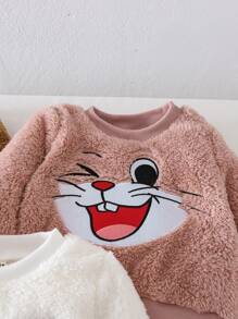 SHEIN Baby Girl Cartoon Rabbit, Duck & Bear Print Fleece Crew Neck Sweatshirts, Warm & Thick, Buy 1 Get 2 Free, Autumn/Winter