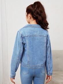SHEIN Teen Girl Single Breasted Pockets Front Denim Jacket - Light Wash - View 2