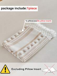 1pc Khaki Pom Pom Tasseled Polyester Long Pillow Case, Minimalist Boho Style Polyester Pillowcase Suitable For All Seasons - Khaki - View 4