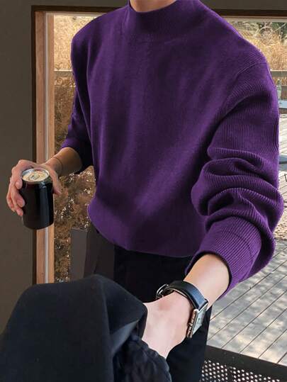 Claim Dot 男士休闲日常简约纯色罗纹针织衫，秋冬季，圣诞节适用，长袖上衣