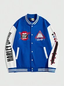 ROMWE MEN Harley Quinn | ROMWE Men's Casual Colorblock Cartoon Print Baseball Jacket, Suitable For Autumn Outdoor Activities - Multicolor - View 2