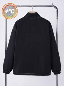 SHEIN Teen Boys' Stand Collar Black Zip Pocket Padded Warm Jacket, Contrast Tape Decor, Casual Street Fashion, Autumn/Winter