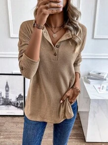 SHEIN LUNE 半排扣落肩袖華夫格編織T恤