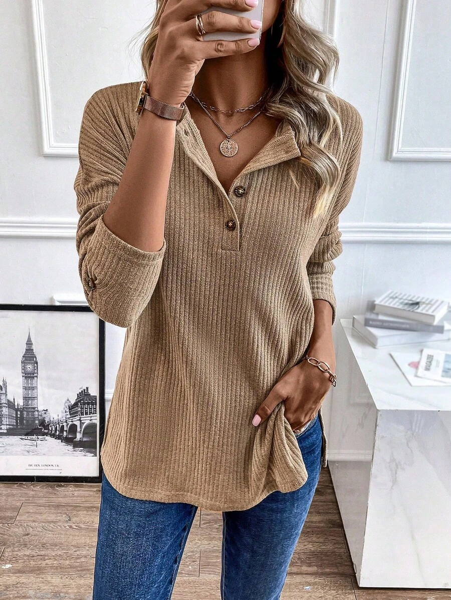 SHEIN LUNE 半排扣落肩袖華夫格編織T恤