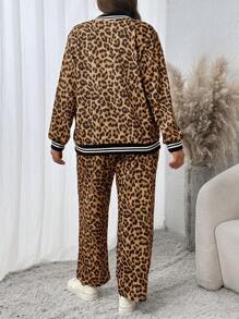 Conjunto de 2 piezas para mujer talla grande, con manga larga estampado de leopardo, moda retro estadounidense, diseño elegante, corte holgado, efecto adelgazante, atuendo versátil para otoño/invierno para ropa de fiesta de Año Nuevo
