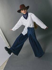 Jeans ampi con lavaggio scuro di per ragazze pre-adolescenti - Blu lavato scuro - Visualizzare 6