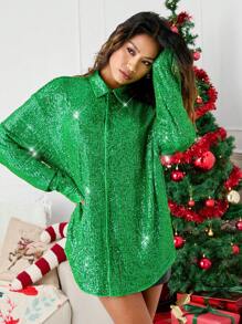 Mainfolk Unisex Loose Fit Batwing Long Sleeve Shirt With Sequin Embroidery, Streetwear Style, Fall, For Christmas - Green - View 2