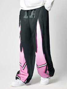 ROMWE MEN Street Life Men's Casual Colorblock Star Print Zipper Design Drawstring Waist Baggy Sweatpants - Black - View 1