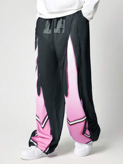 Street Life Herren lässige Farbblock Stern Muster Reißverschluss Design Kordelzug Taille weit geschnittene Sweathose