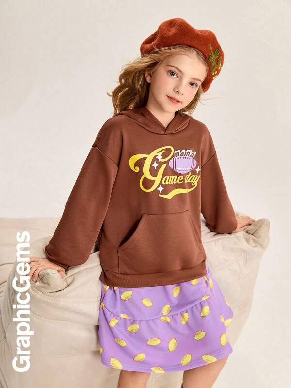 Conjunto de 2 piezas para niña preadolescente con sudadera con capucha de manga larga con estampado gráfico y minifalda con volantes en el bajo, informal, para otoño/invierno