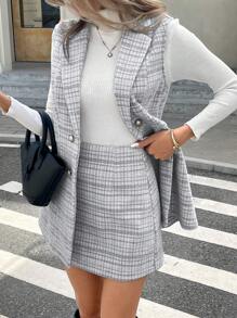 Serisse 女士格子领双排扣背心和 A 字裙优雅两件套，秋冬