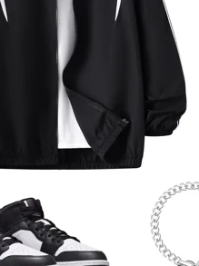 SHEIN Áo khoác chống gió khối màu thông thường dành cho nam thiếu niên có dây rút cổ trắng và lớp phủ màu đen, thích hợp cho mùa thu, mùa đông, ấm áp, trường học, trường đại học, ở nhà, hàng ngày, chạy bộ và thể thao, đa năng và đơn giản, thích hợp cho các hoạt động ngoài trời. - màu đen - Xem 7