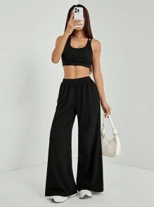 SHEIN PETITE 舒适人造丝阔腿休闲裤-黑色 - 黑色 - 查看 4