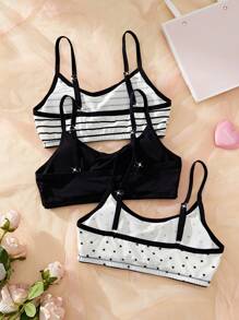 3pcs/Set Teen Girl Solid Color, Stripe And Polka Dot Print Casual Lingerie Set