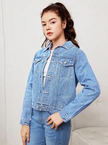SHEIN Teen Girl Single Breasted Pockets Front Denim Jacket - Light Wash - View 3