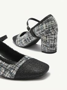 CUCCOO CHICEST 方头带扣粗花呢 7 厘米高跟玛丽珍鞋，法式别致优雅春季鞋春假复活节 - 黑色 - 查看 7