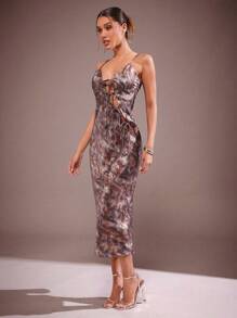 Hauture Elegant Sexy Tie Front Tie Dye Print Holiday New Year Party Maxi Dress