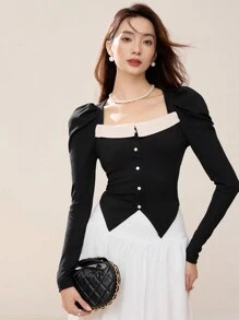 EastFlair Women Elegant Solid Black Christmas Long Sleeve Top, Korean Style Princess Sleeve Asymmetrical Hem Color Block Blouse, Winter/New Year Wear