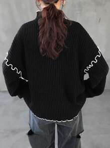 FRIFUL Jersey holgado de punto de manga larga con cuello de volantes y contraste de color para mujer, otoño/invierno