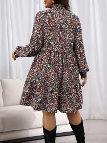 SHEIN LUNE Plus Size Women Ditsy Floral Tie Neck Lantern Sleeve Loose Babydoll Dress, Vacation Style Floral Skirt Dresses For Women Thanksgiving Outfit Women New Years Women Outfit Winter Dresses Winter Clothes Women Rave Outfits