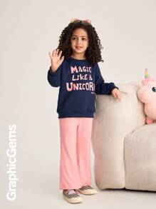 2pcs/Set Young Girl Round Neck Long Sleeve Letter Print Casual Top And Pants Set