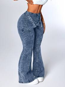SHEIN ICON Women's Cross Strap Design Flared Casual Versatile Jeans - Light Wash - View 3