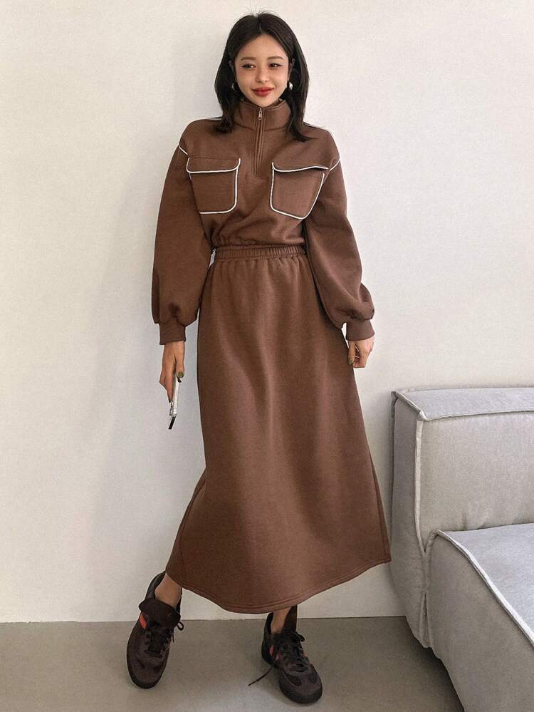 2pcs/Set Women Contrast Color Ribbed Pocket Sweatshirt & Skirt Set