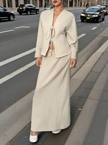 SHEIN Essnce 2 件套女士休闲度假时尚系带前宽松衬衫和高腰弹力宽松直筒裙，女士套装，两件套服装 - 杏色 - 查看 3