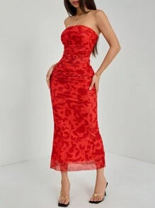 SHEIN PETITE 优雅植物印花垂坠紧身网眼迷你连衣裙