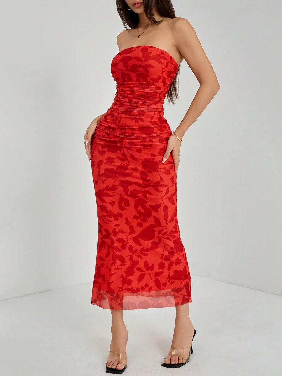 SHEIN PETITE 优雅植物印花垂坠紧身网眼迷你连衣裙