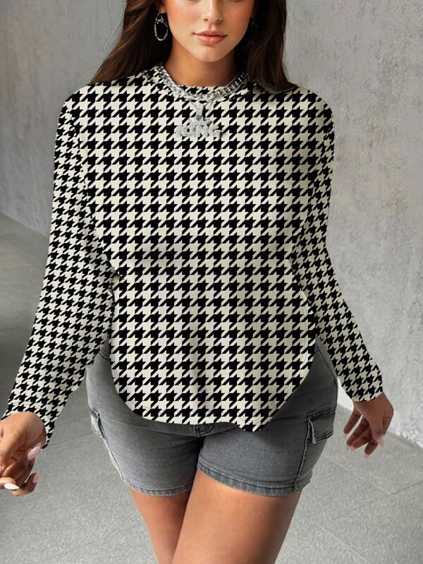 Glamance ORANGE STUDIO Women Multicolor Plus Size T-Shirts Long Sleeve Round Neck Casual Plaid,Plain,Houndstooth,All Over Print Summer Outfits For Women Graphic Tee For Women Going Out