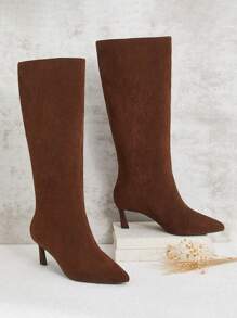 Women's Fashionable & Comfortable Point Toe Side Zipper Kitten Heel Mid-Calf Boots Spring Shoes Spring Break Easter - Brown - View 3