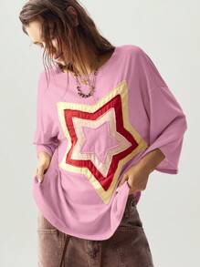 Bohemela 休闲纯色针织圆领短袖宽松大码T恤，带刺绣星星图案 - 粉色 - 查看 2