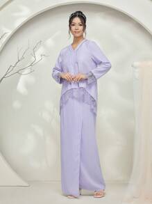 Veilorie Baju Kurung 纹理面料蕾丝拼布不对称下摆上衣和长款中裙 2 件套女士适中