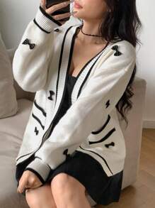 SHEIN MOD Casual Contrast Color Trim Bow Decor Cardigan, Autumn/Winter