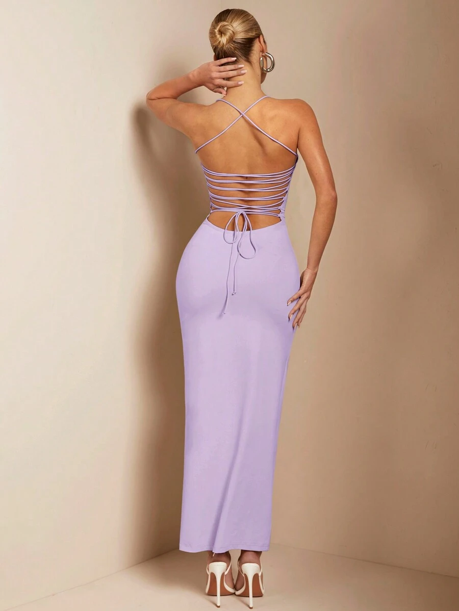 SHEIN BAE 直筒长款女式连衣裙，配有精致的后系带细节和低背设计