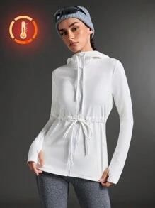 SHEIN Sports 城市户外服装舒适百搭运动休闲夹克，带抽绳和腰线，高弹力和亲肤材质，适合运动和瑜伽 - 白色 - 查看 5