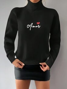 EURMUSE Letter & Heart Pattern High Neck Sweater - Black - View 3