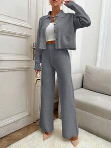 EURMUSE Korean Style Ribbed Polo Collar Knit Cardigan With Metal Buttons, 2pcs Set For Slouchy Chic - Light Grey - View 4