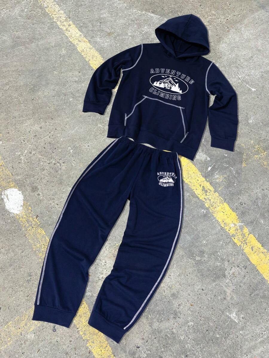 SHEIN 2pcs Boy Solid & Graphic Print Hoodie Sweatshirt And Drawstring Sweatpants Set - Blue - View 1