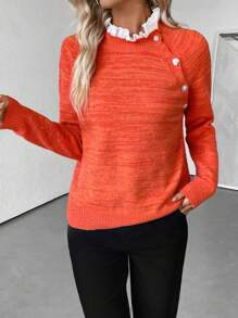 SHEIN LUNE Suéter casual para mujer con cuello redondo, bordado, volantes asimétricos, botones y mezcla de colores, para otoño/invierno