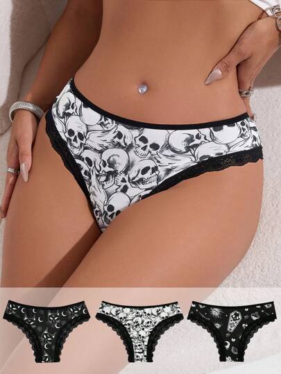 Goth 3 pièces Slip Motif Tête De Mort En Dentelle