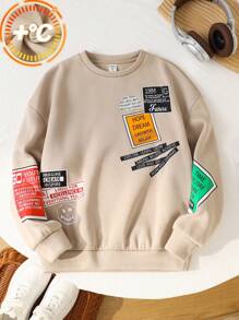 Tween Boy 休闲趣味字母图案圆领长袖卫衣，适合秋春季户外玩耍和室内休闲，性价比高 - 卡其色 - 查看 1