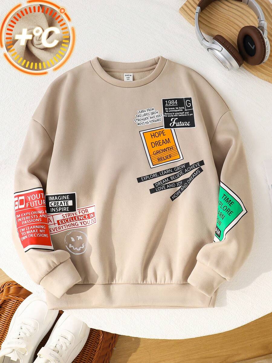 Tween Boy 休闲趣味字母图案圆领长袖卫衣，适合秋春季户外玩耍和室内休闲，性价比高 - 卡其色 - 查看 1
