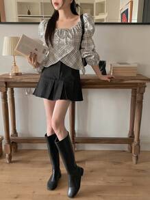 DAZY Blusa casual de manga larga con nudo delantero a cuadros para mujer, use diaria