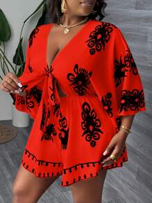 Slaydiva Bộ đồ liền thân in họa tiết rộng rãi cổ chữ V thắt eo thoải mái cho ngày lễ cỡ lớn dành cho nữ - Đỏ - Xem 5