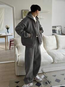 DAZY 2pcs/Set Men Hooded Sweatshirt & Drawstring Pants, Dark Grey, Autumn - Dark Grey - View 4